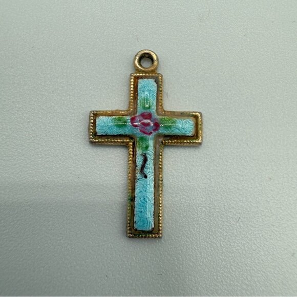 Vintage Blue Enamel Handpainted Floral Cross - Picture 11 of 14